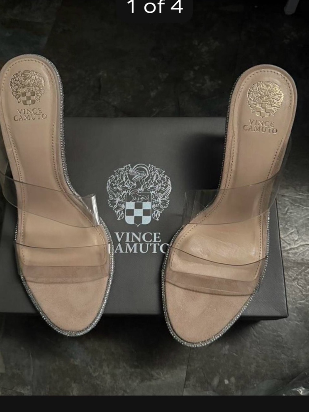 Vince Camuto Nude Clear Strap Slide Heels with Crystal Trim